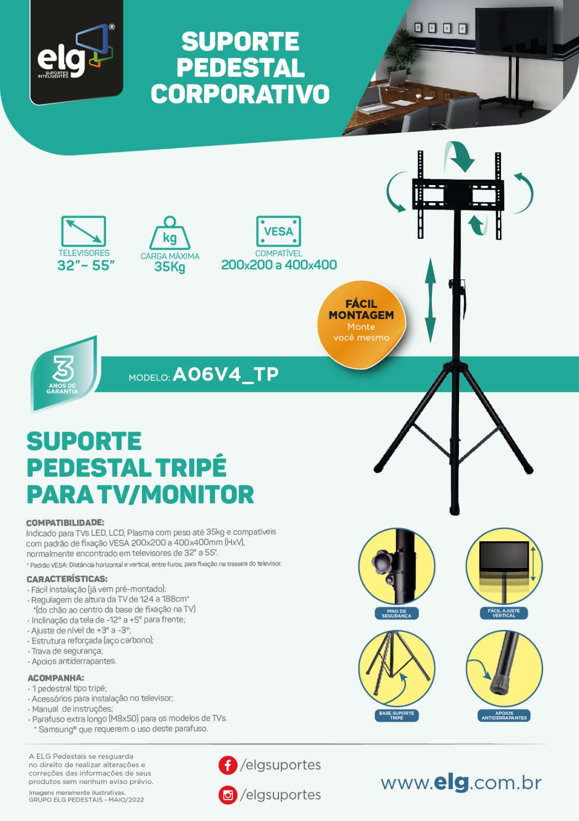 Suporte Pedestal Tripé ELG com Altura Regulável para TV de 32" a 55" - A06V4_TP
