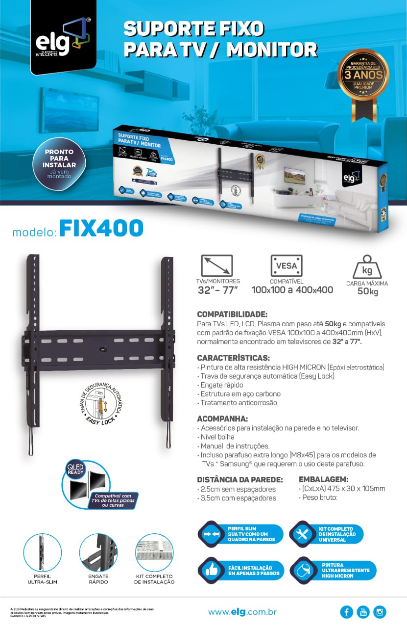 Suporte Fixo Ultra slim para Tv 32 a 77 Fix400 (ELG)